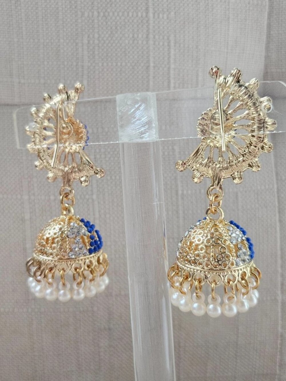 Jhumka Earrings Blue Tone Bead Gold Tone Chandelier High Quality Fashion Jewelry - Picture 6 of 12
